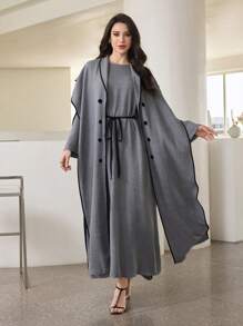 Al Najma 2 pièces/Set Veste à cordon de serrage bicolore + Robe longue à manches longues col rond, Style arabe mode vestimentaire, printemps/été, tenue modeste pour femmes