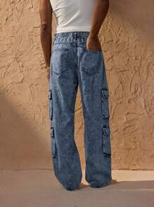 Forever 21 Men's Stonewashed Straight Leg Cargo Jeans With Utility Flap Pockets, Autumn And Winter Pants - Royal Blue - View 2