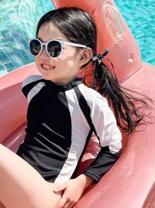 DAZY 1pc Young Girl Girls' One-Piece Swimsuit, Autumn Vacation - Black and White - View 1