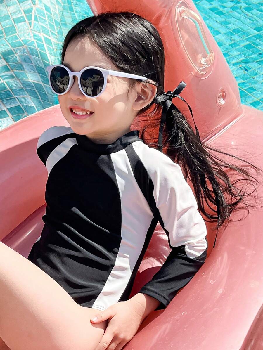 DAZY 1pc Young Girl Girls' One-Piece Swimsuit, Autumn Vacation - Black and White - View 1
