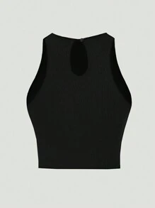 SHEIN Privé Débardeur ajusté noir décontracté et polyvalent avec col rond, boutons de perle au dos - Noir - Voir 2