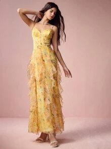 Enchnt 春夏浪漫女士黄色花卉印花细肩带欧根纱开衩连衣裙，甜美优雅性感太阳裙，适合婚礼季节、节日、度假、甜蜜约会和毕业季节，女士夏季服装，优雅连衣裙 - 黃色 - 查看 5