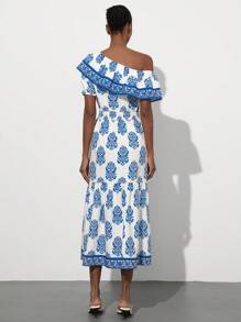 Aveloria Modichic Vestido largo tipo A elegante de vacaciones con estampado vintage, corte de cintura marcado, hombros con volantes y contraste de color azul para mujeres