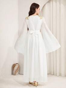 SHEIN Teen Girls Elegant Long Chiffon Dress With V-Neck, Flare Sleeves, Cinched Waist Belt, Slit, Luxurious & Glamorous, Suitable For Eid And National Day Festivals