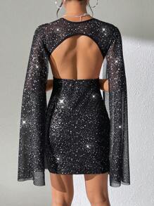 Chiquease Vestido elegante de mujer con mangas largas, de malla transparente, con brillo, fluido y con espalda calada - Negro - Ver 2