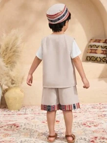 SHEIN 男童 3 件套彩色条纹背心、短裤和帽子套装 - 卡其色 - 查看 7