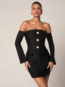 Glamine Elegant Black Autumn Day Party Camellia Floral Decorated Button Woven Stretch One Shoulder Long Sleeve Bodycon Mini Dress For Women,Workplace - Black - View 7