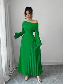 Elenzga Women's Elegant Fashion Office Lady Charming Party Oblique Shoulder Ruched Asymmetric Hem Solid Color Green Long Dress Fall Cloth For Women - Green - View 4