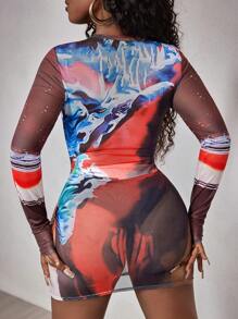 BamGleam Abstract Print Mini Sexy Long Sleeve Dress Fall Cloth For Women - Multicolor - View 2