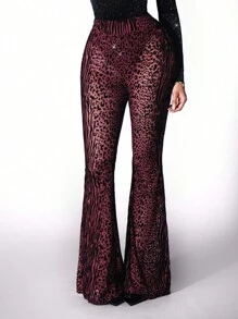 Zolique Pantalones de mujer de corte slim y sexy con estampado de leopardo aterciopelado y transparente