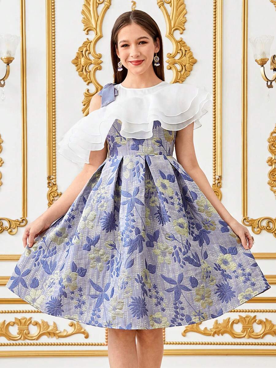 SHEIN Teen Girls' Elegant Asymmetrical Exaggerated Multi-Layer Ruffle Organza Patchwork Ruffle Jacquard Jacquard Pleated Dress - Blue - View 1