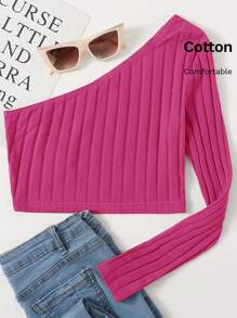 SHEIN EZwear One Shoulder Rib-knit Crop Top - Pink - View 6