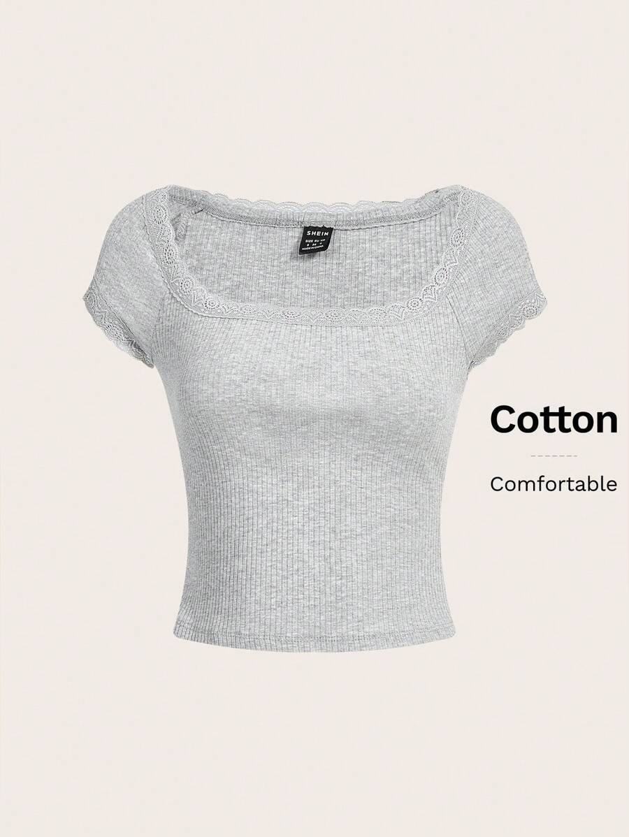 SHEIN EZwear Summer Raglan Sleeves Lace Trim Rib-Knit Tee - Grey - View 1