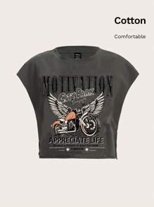 SHEIN EZwear 印有“Bikercore”字样和摩托车翅膀图案的T恤 - 灰色 - 查看 1