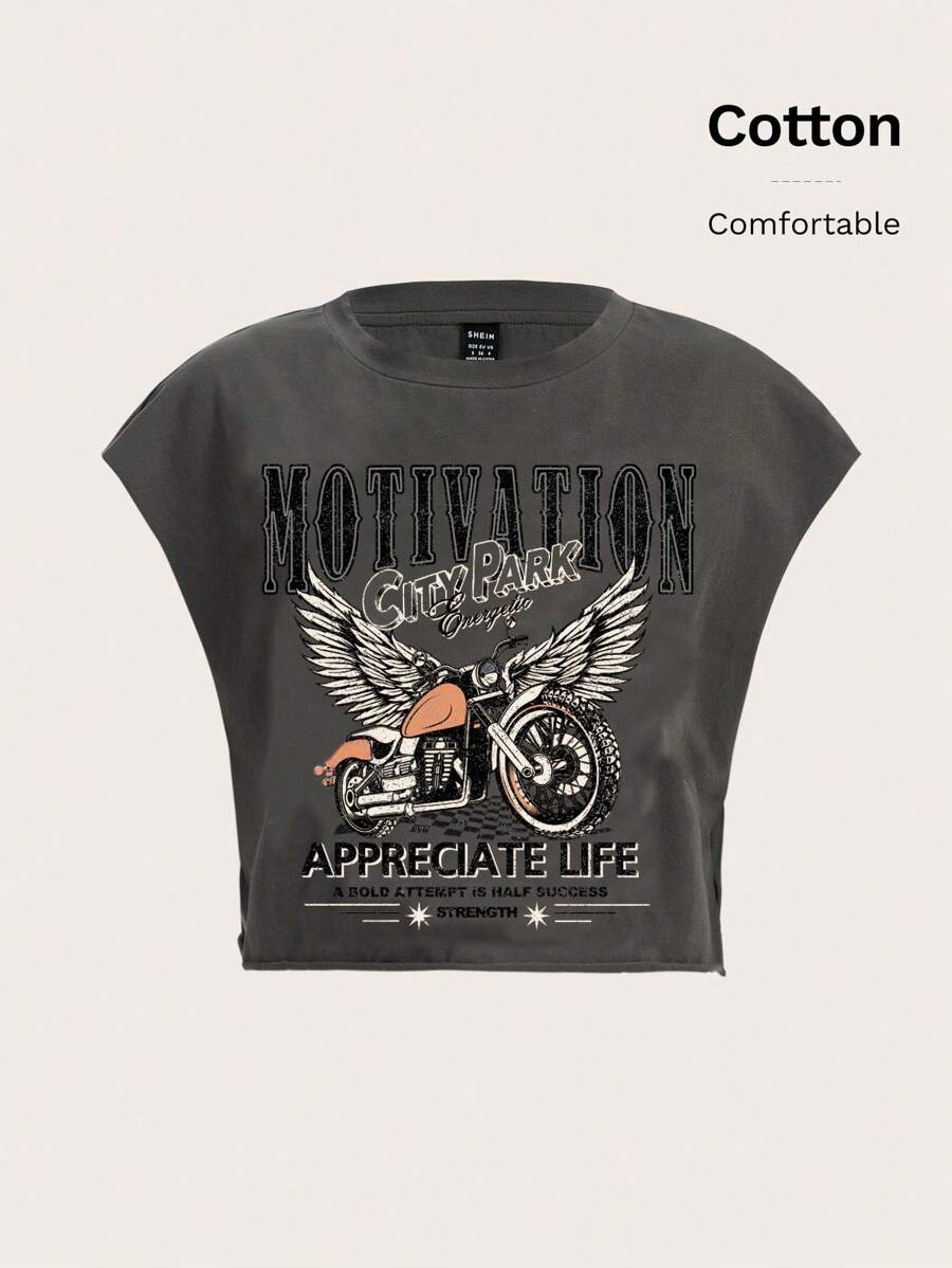 SHEIN EZwear 印有“Bikercore”字样和摩托车翅膀图案的T恤 - 灰色 - 查看 1
