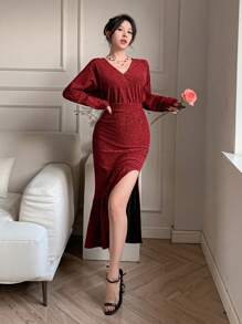 DAZY 安哥拉红色V领修身A字中长连衣裙，适合约会、派对、舞会等场合，荷叶边设计，秋季连衣裙，返校节礼服，长袖连衣裙，圣诞节、新年优雅女装 - 紅色 - 查看 3