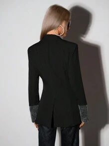 SHEIN ICON 收腰宽松版型垫肩水晶缀饰袖口西装外套 - 黑色 - 查看 2