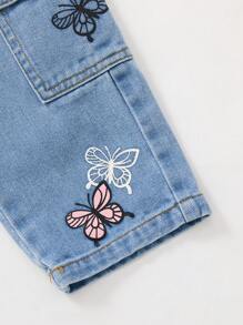 1 pièce Jeans droits à imprimé papillon avec poches utilitaires pour petites filles, style décontracté
