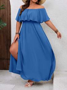 SHEIN VCAY Vestido de vacaciones con hombros descubiertos y volantes para tallas grandes - Azul - Ver 3