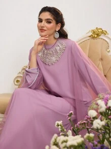 Al Najma 女士粉色两件套仿珍珠圆领长袖网眼拼接简约阿拉伯风装春季情人节