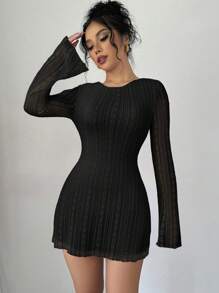 Vestido mini con estampado floral, mangas acampanadas y espalda descubierta para mujer - Negro - Ver 7