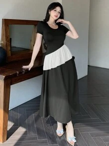 DAZY Vestido de largo medio con volantes asimétricos, patchwork y contraste de colores para mujer - Negro - Ver 3