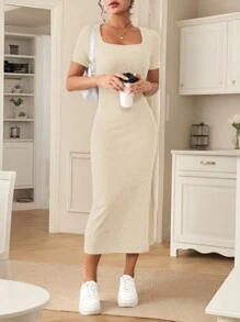SHEIN Frenchy 女式纯色短袖开衩修身连衣裙 - 杏色 - 查看 3