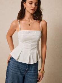 Poéselle Elegant Spaghetti Strap Peplum Top With Embroidered Detail - Ideal For Stylish Summer Outfits,Women's Peplum Tops, Spaghetti Strap Blouses, Cute Summer Tops, Embroidered Clothing, Chic Casual Wear - White - View 5