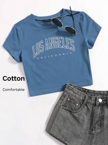 SHEIN EZwear Women's Summer Letter Print Round Neck Short Sleeve Casual T-Shirt - Dusty Blue - View 1