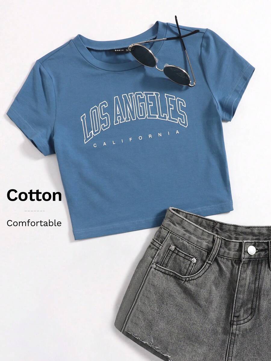 SHEIN EZwear Women's Summer Letter Print Round Neck Short Sleeve Casual T-Shirt - Dusty Blue - View 1