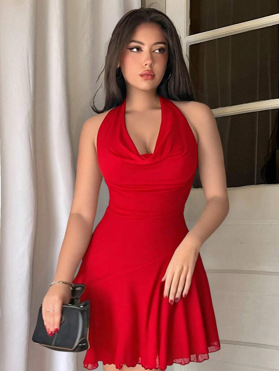 Firerie 优雅浪漫性感派对 V 领褶皱腰不对称下摆红色吊带迷你连衣裙，春夏情人节服装 - 紅色 - 查看 1