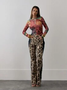 MUSERA Mesh Print Fitted Long Sleeve Top Ibiza Boho Festival Rave Going Out Top Fall Winter   Elegant Spring Summer Carnival - Multicolor - View 4