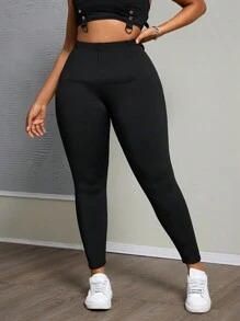 SHEIN PETITE CURVE 大码纯色简约前拉链紧身裤，黑色裤子，休闲日常穿着 - 黑色 - 查看 6