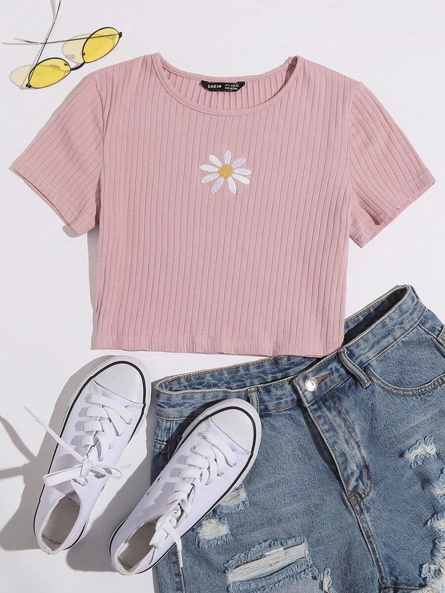 SHEIN EZwear Daisy Embroidered Rib-knit Tee - Dusty Pink - View 1