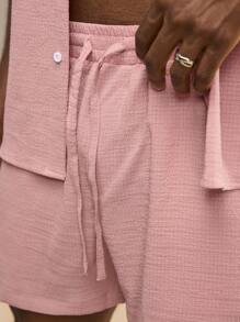 Forever 21 Men's Solid Color Textured Short Sleeve Shirt And Shorts Set For Spring And Summer , Basic , Going Out , Plain , Husband