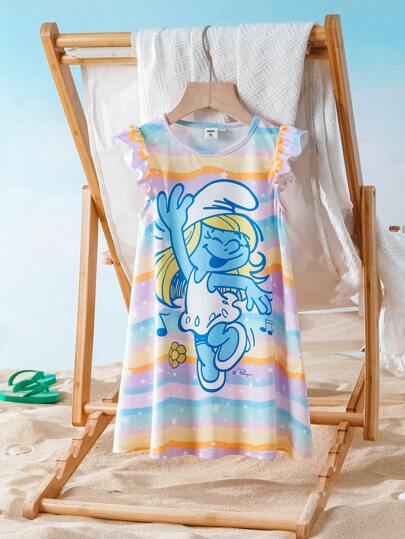 SHEIN X The Smurfs Young Girl Cartoon Graphic Colorful Striped Cute & Sweet Casual Dress