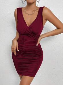 Chiquease Women's Solid Color Gathered Slim-Fit Mini Dress - Burgundy - View 7