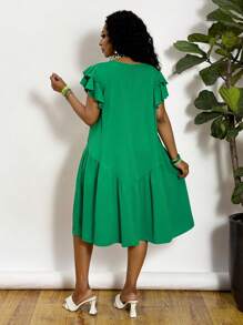 Slaydiva Plus Size Round Neck A-Line Knee Length Ruffle Sleeve Romantic Hem Green Casual Spring/Summer Vacation Dress