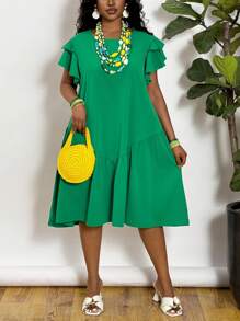 Slaydiva Plus Size Round Neck A-Line Knee Length Ruffle Sleeve Romantic Hem Green Casual Spring/Summer Vacation Dress