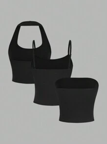 SHEIN Girlism Conjunto de 3 piezas para niña preadolescente: Camiseta de tirantes, Top corto de tirantes, Top sin tirantes - Negro - Ver 12