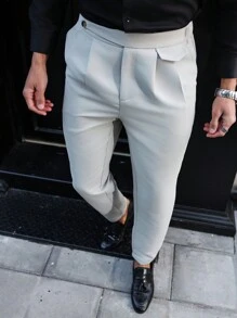 Manfinity Mode Men's Plain Button Pocket Pleated Casual Pants, Basic Everyday Wear - Beige - View 4