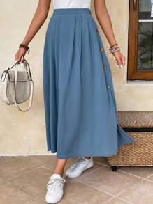 EMERY ROSE High Waist Button Side Fold Pleated Detail Skirt - Dusty Blue - View 9