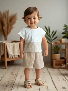 Vintaside Kids 2pcs Baby Boy Colorblock Round Neck Short Sleeve Top And Shorts Set, For Daily Wear - Apricot - View 5