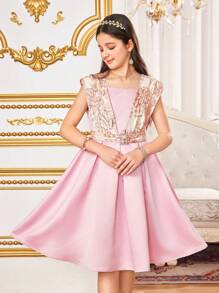 SHEIN فستان مطرز بالورود والجاكار المجدول للفتيات المراهقات، طراز أميرة، للحفلة، عيد الميلاد، طراز قصر فخم، فستان فتاة الزهور