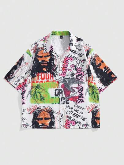 Grunge Punk Camicia casual da uomo con bottoni frontali e maniche corte stampata