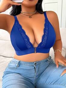 SHEIN Front Closure, Lift & Gather, Teardrop Cup, Lashes Lace, Comfortable Lace Patchwork Plus Size Bra & Wireless Bra - Navy Blue - View 4