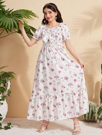 少女花卉印花蝴蝶结装饰连衣裙，优雅