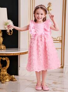 Young Girl Sweet Floral Network Tutu Princess Dress, Sleeveless Party Formal Dress For Birthday, Pageant, Wedding Guest, Flower Girl Dress - Pink - View 4