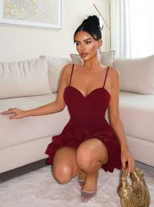 SHEIN SXY Đầm yếm bó sát viền hoa tulip màu trơn cho nữ - Màu Đỏ Sâu - Xem 5