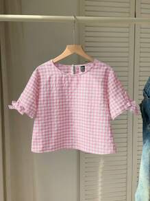 Comfortcana Áo thun hở lưng in họa tiết kẻ caro xanh trắng cho mùa hè đi chơi - Hồng - Xem 5